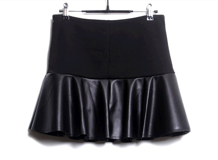 2013 new arrval fashion slim womens' PU Leather Ruffles Pleated maxi Sexy Mini Skirt elegant classic black casual Drop shipping