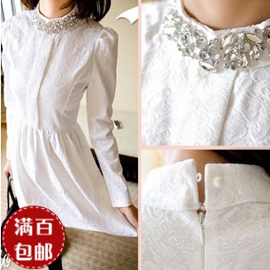 2013 NEW Autumn ladies stand collar rhinestone slim lace long-sleeve dress women FREE SHIPPING