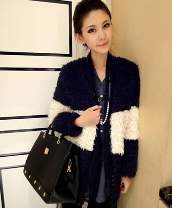 2013 new Black-and-white patchwork stripe berber fleece plush medium-long fur cardigan clip cotton-padded coat