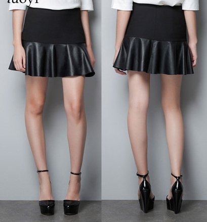 2013 new Black PU leather  stitching  fold leather skirt   ladies' skirt  fashion skirt 6size