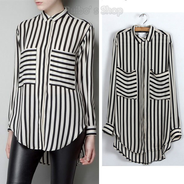 2013 New Blouse for Women Black and White Striped Shirt Long Sleeve Stripe Blouse Sexy Long Shirts Chiffon Blouse Free Shipping