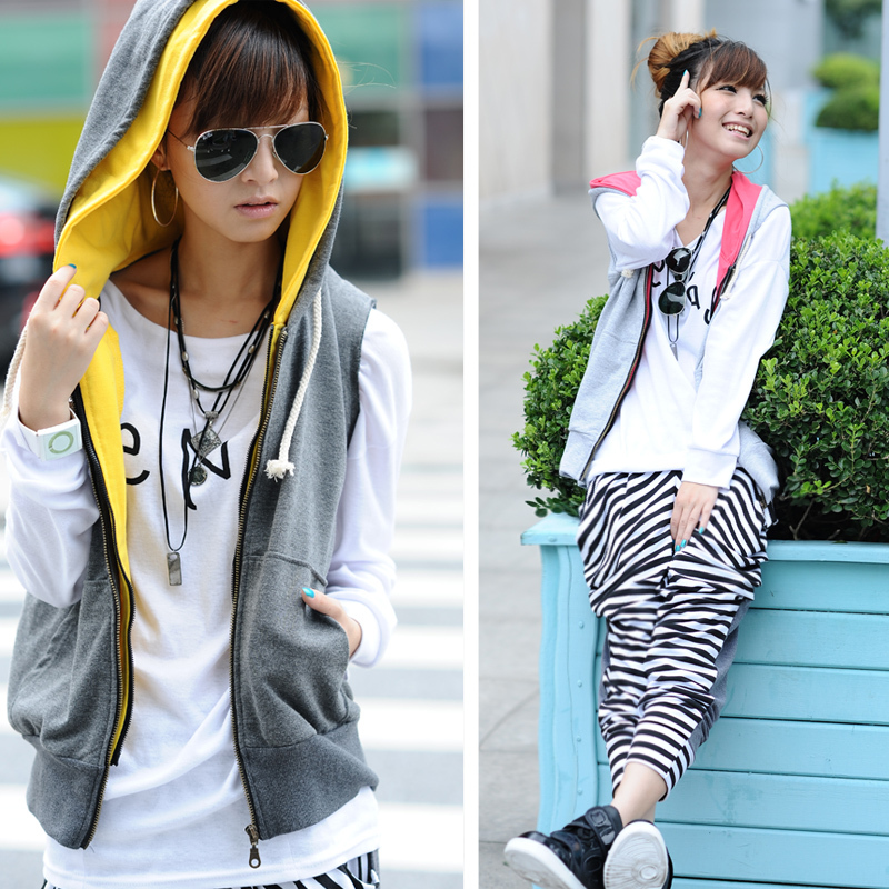 2013 new brand Spring female british style two-color drawstring hooded zipper faux two piece vest 3 1194 women clothing