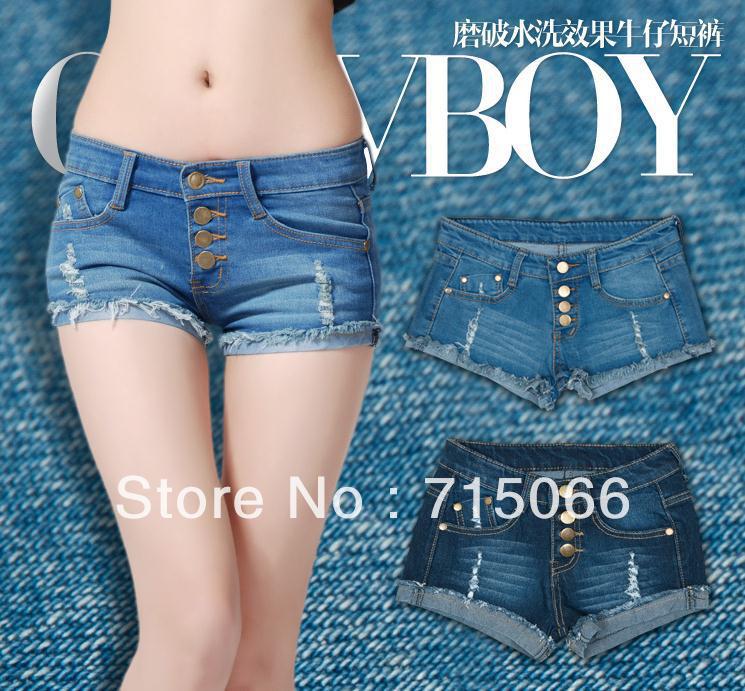 2013 new buttoned tassels hole in stretch denim shorts jeans female Korean tide was thin