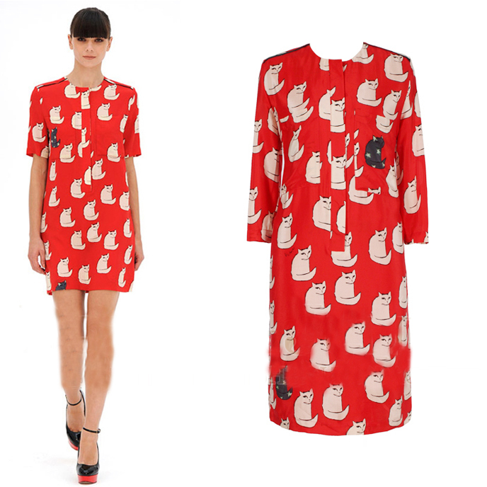 2013 New Classic Redivivus High Quality Silk Kitty Cats Print Dress Celebrity Fashion Shirt Dresses SS12625