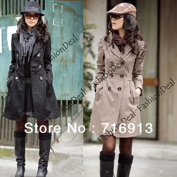 2013 New Cotton women's coat Slim Double-breasted Trench Coat Casual Long Outwear Hot Sale M,L,XL Free Shipping 3375