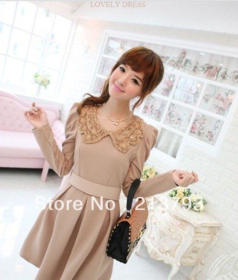 2013  New Design Korea Women's Elegant Paillette Hook Flower Lapel Long Sleeve Round Neck Slim Fit Dress Free shipping