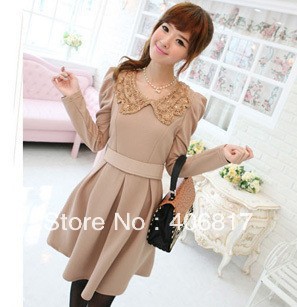 2013  New Design Korea Women's Elegant Paillette Hook Flower Lapel Long Sleeve Round Neck Slim Fit Dress Free shipping