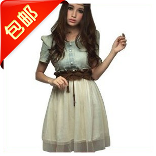 2013 new dress Fashion Vintage Dress Office Ladies Cute Casual Clothes Women Denim Spliced Chiffon dresses