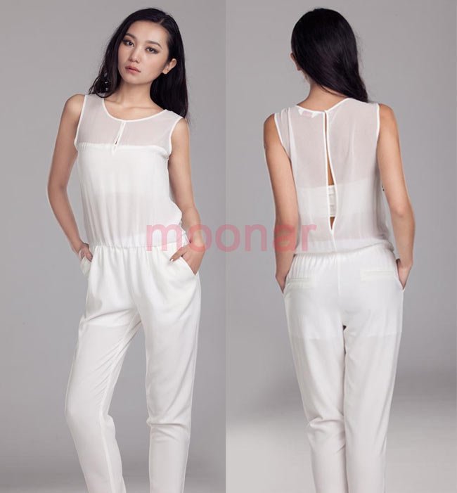 2013 NEW Elegant Chiffon women's Jumpsuit  Collarless Seethrougn Soft Romper Long Pant E0621