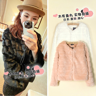 2013 new Encryption ! vivi women's horizontal stripe long-sleeve o-neck rex rabbit hair wool outerwear short design fur overcoat