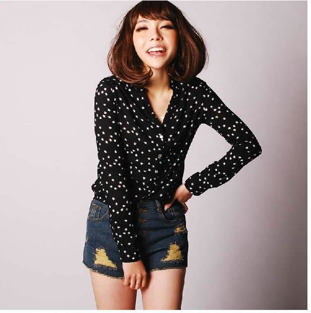 2013 New Europe and US Style Vintage Literary Stars Long Sleeve Shirt Women Blouse Casual Wear Free Shipping Ladies' Dress top