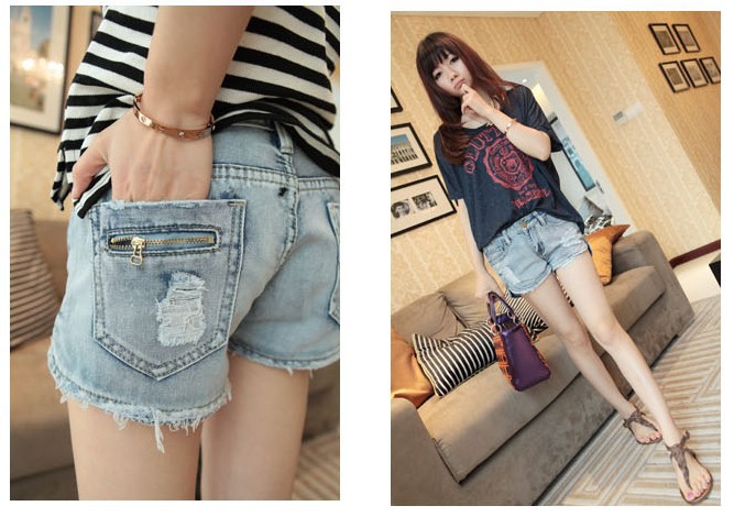 2013 new European and American wind slit edge retro ultra the Fan holes in denim shorts Free shipping