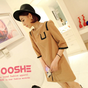 2013 new European and American wool dress leather side pocket Sleeve Dress