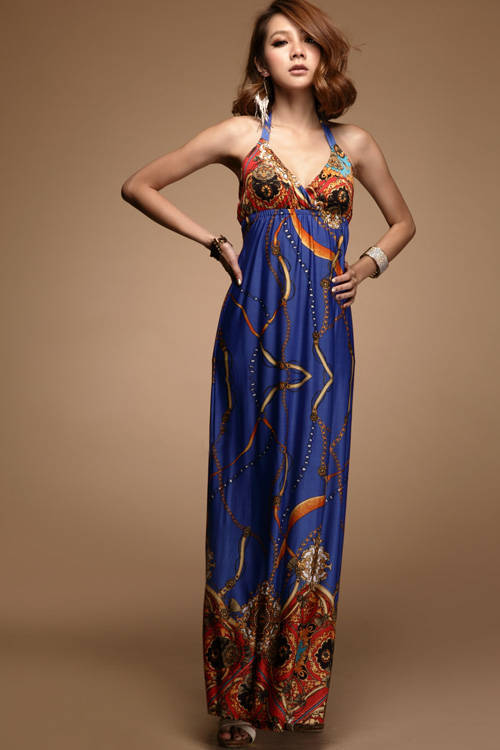 2013 New European Style Bohemian Beach Dress Summer Print Floor-Length Length Dresses A034