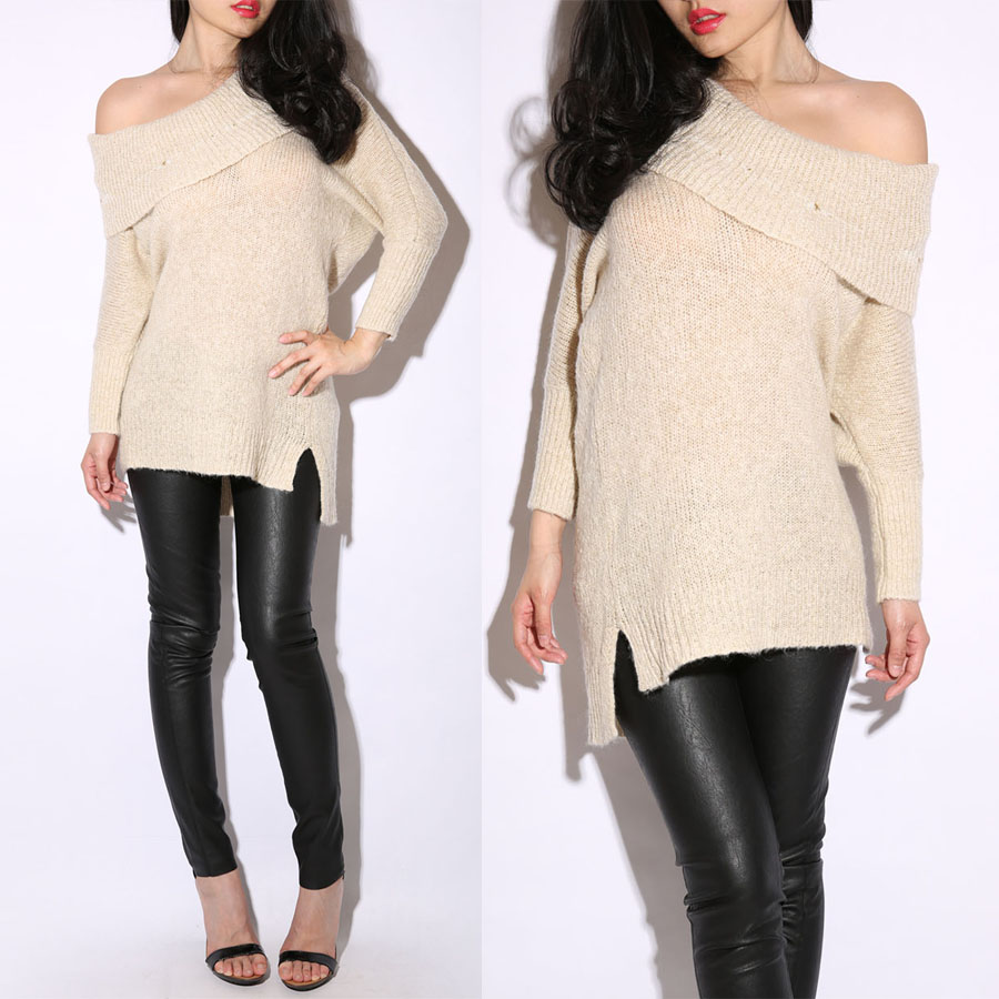 2013 new fahion women brand 2013 female fashion beige oblique batwing sleeve low-high loose sweater