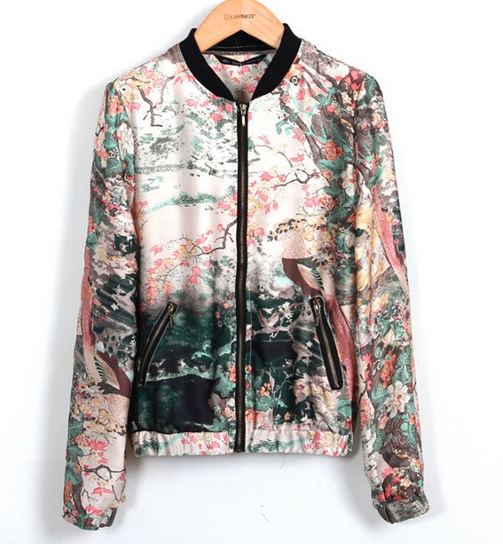 2013 New  fashion floral print womens' elegant vintage  jacket oil Printing style O-neck long sleeve casual blazer coat outwear