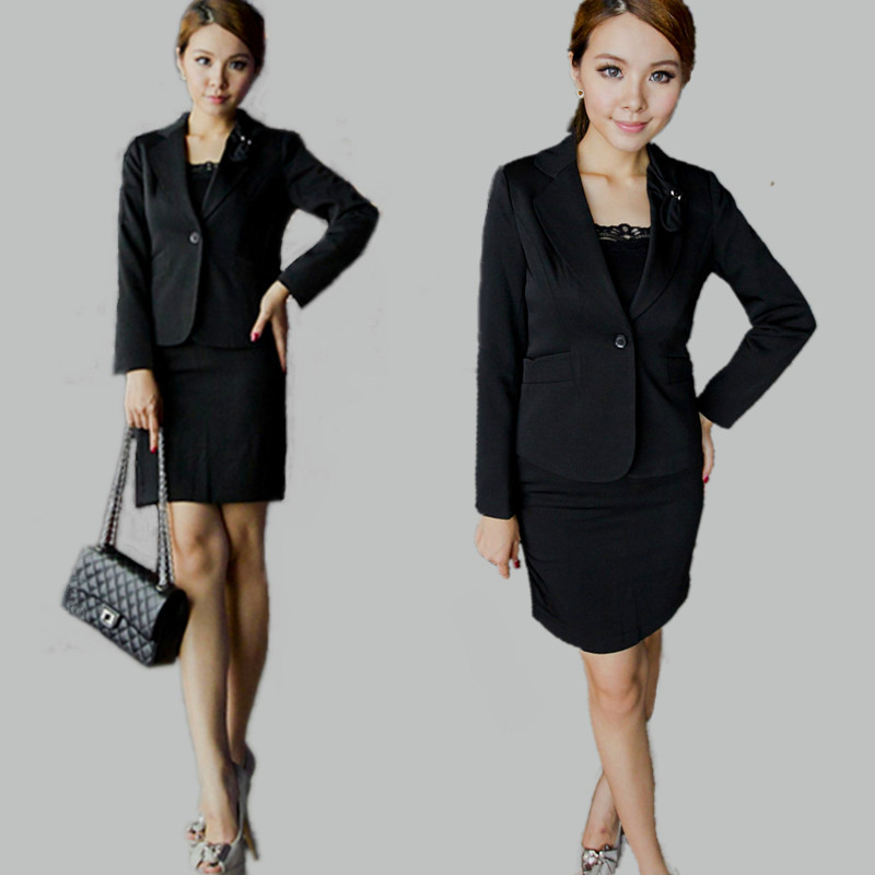 2013 new fashion formal female skirt sets ol ladies skirt suit  for women long sleeve blazer autumn black free shipping