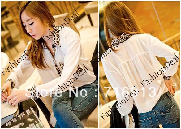 2013 New Fashion Korea Women Leopard Blouse Button Down Long Sleeve Loose Chiffon Shirt Blouse Top Free Shipping 10048