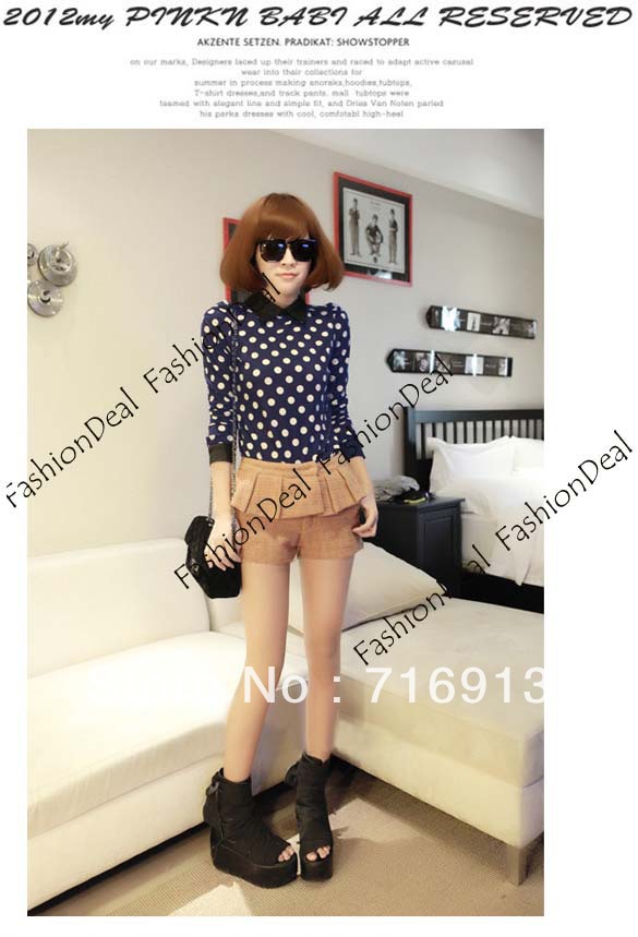 2013 New Fashion Korea Women's Casual Collar Polka Dot/Flowers Print Long Sleeve Shirt Blouse Tops Free Shipping 10136