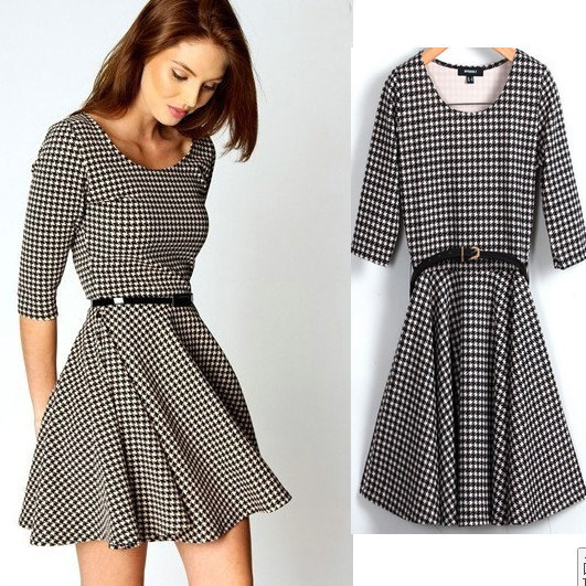 2013 new Fashion Ladies' elegant classic Plaid Dresses half sleeve o neck Vintage cascul slim dress with free belt