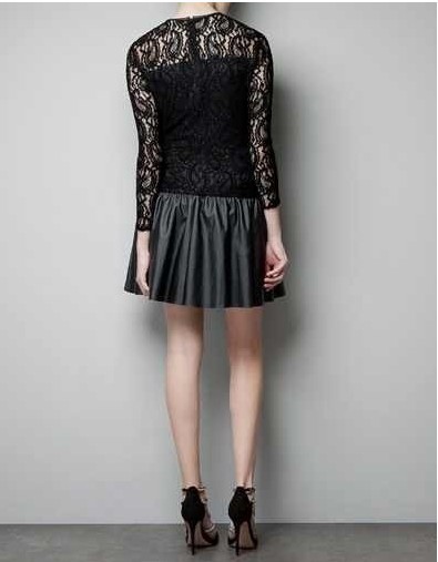 2013 New Fashion Ladies' elegant Vintage Sexy Black Lace PU leather Dresses patchwork cascul slim long sleeve brand quality