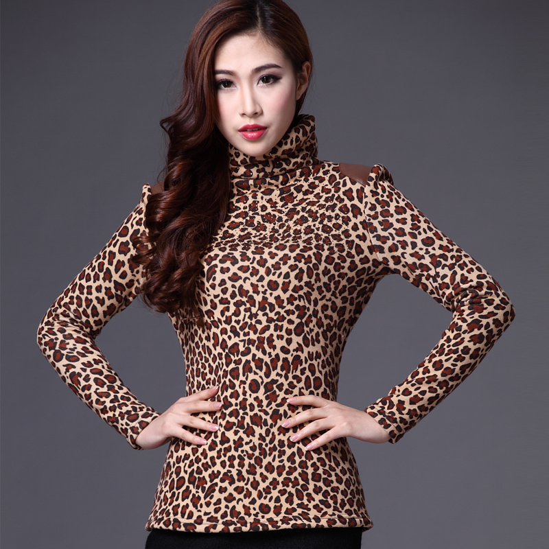 2013 New Fashion Ladies' shirts,All-match Women's Thickening plus velvet Slim leopard print elastic basic shirt S12385JQ