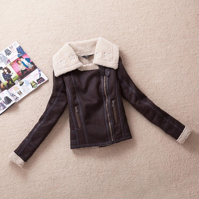 2013 New Fashion LaLambs Wool Fur One Jacket Faux Suede Oblique Zipper Coffee Motorcycle Jacket Women Coat Free Shipping