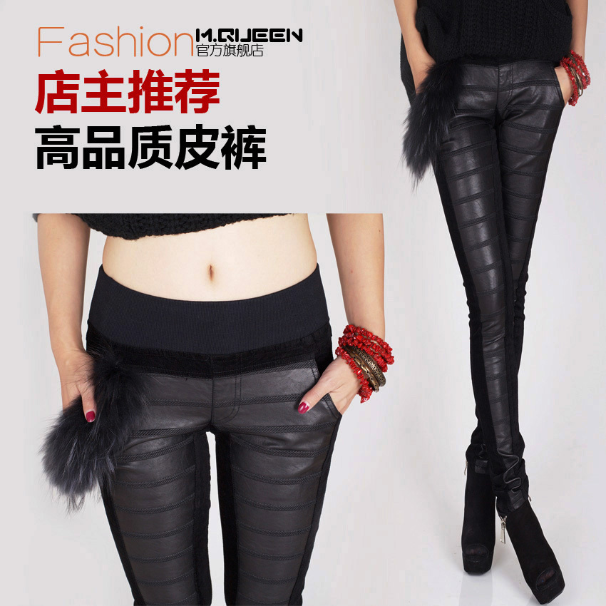 2013 new fashion leggings  fur decoration high quality water washed leather patchwork pencil pants winter female plus size