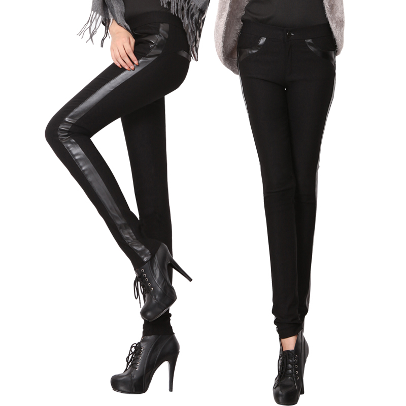 2013 new fashion leggings PU patchwork leather pants plus velvet thickening pencil pants trousers thick legging