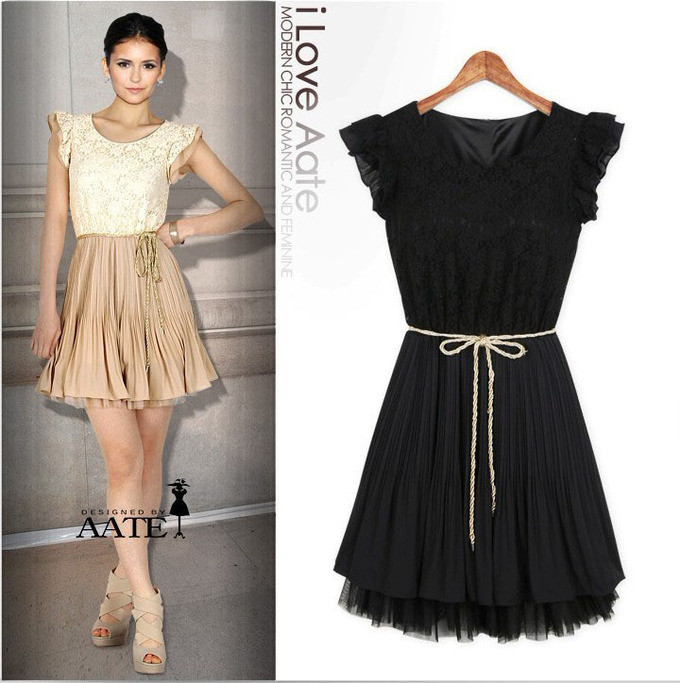 2013 New Fashion Retro Lace Chiffon Pleated Dress Women Sexy Sleeveless Summer Dress Free Shipping