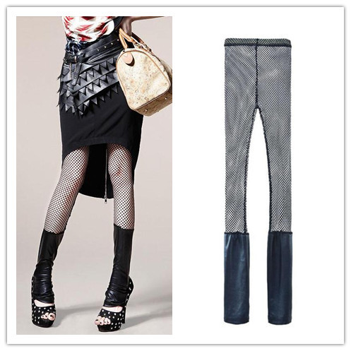 2013 New Fashion Sexy Gauze Stitching Faux Leather Skinny Stretch Leggings Women Pantyhose Free Shipping 9208