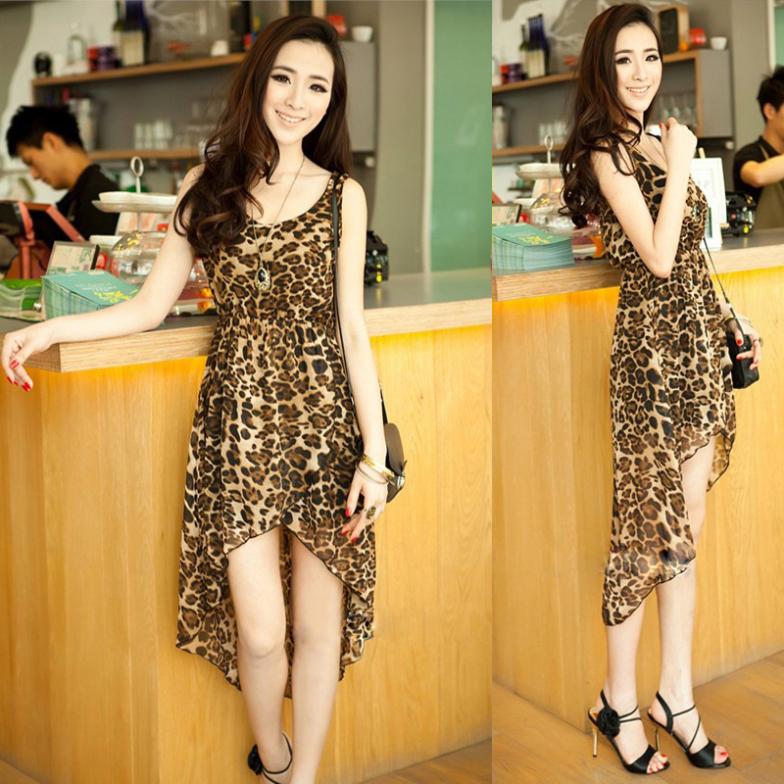 2013 New Fashion Sexy Women Lady Dress Chiffon High Waist Sleeveless Asymmetric Slim Sundress Leopard , Free Shipping Wholesale