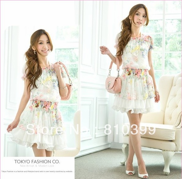 2013 New Fashion Short Sleeve Flower Chiffon Women Dress For Ladies Freeshipping#D026