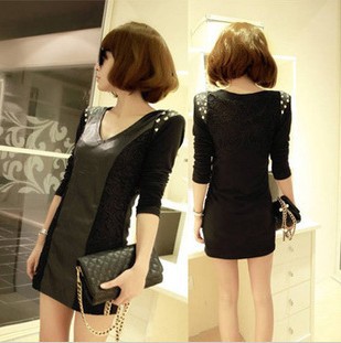 2013 New Fashion Slim Punk Lace Patchwork Rivet Long-sleeve Leather One-piece Dress,Free Shipping,RD442