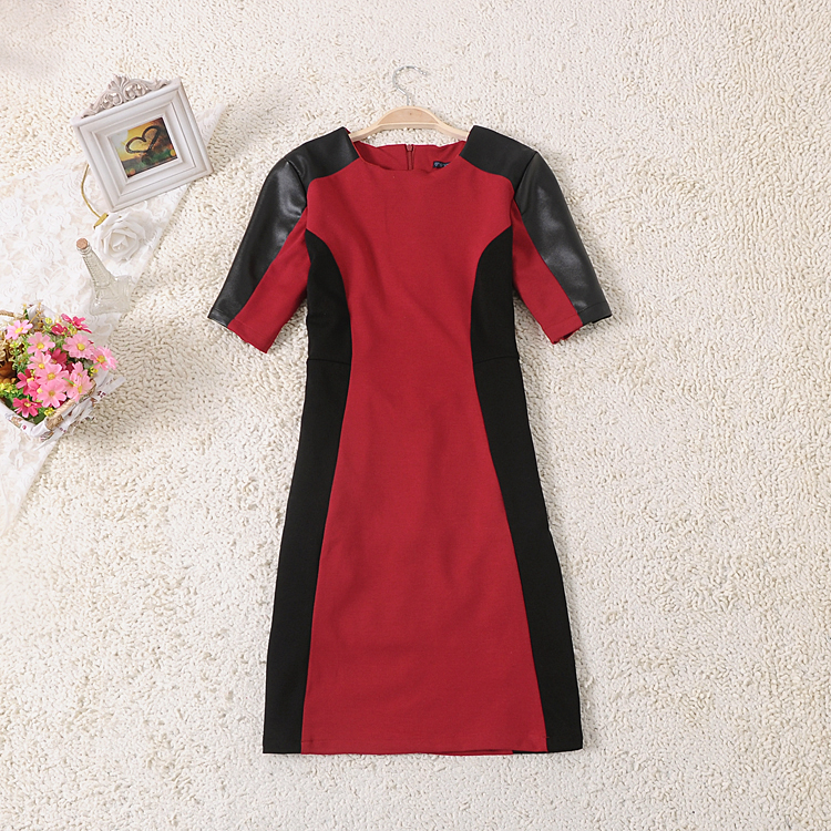 2013 new Fashion spring women's PU patchwork color block slim hip short-sleeve dress free shipping