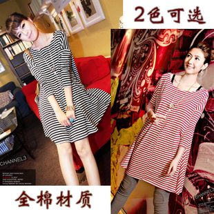 2013 New Fashion Summer maternity clothing one-piece dress long design plus size stripe free shipping