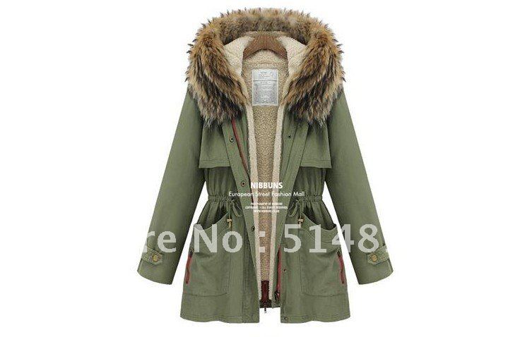 2013 new fashion thick warm  women's Winter coat Faux fur collar army green Detachable Long Windbreaker Jacket Free Shipping