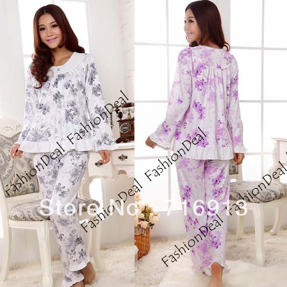 2013 New Fashion Women Floral Pattern Long Sleeve Sleepwear Sleep Clothes Print Pajama Set 2 Sizes Free Shipping 11175