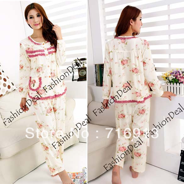 2013 New Fashion Women Round Collar Floral Pattern Sleepwear Sleep Clothes Print Pajama Set 4 Sizes Free Shipping 11174