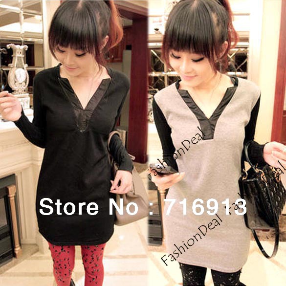 2013 New Fashion Women's Korean V-Neck Long Sleeve Thicken Bottoming Splicing Leather Dress Free Shipping 10059