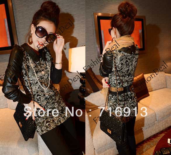 2013 New Fashion Women's Lapel Slim Leather Splicing Long Sleeve Printing Dress Free Shipping 10224