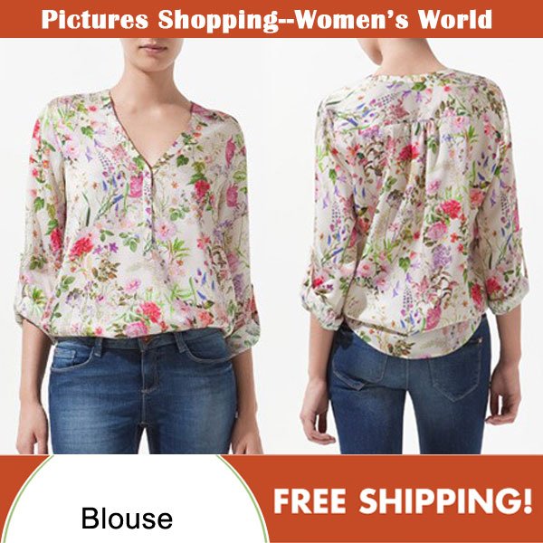 2013 new fashion women's long sleeve shirts V neck flower printing casual chiffon loose blouses #8656