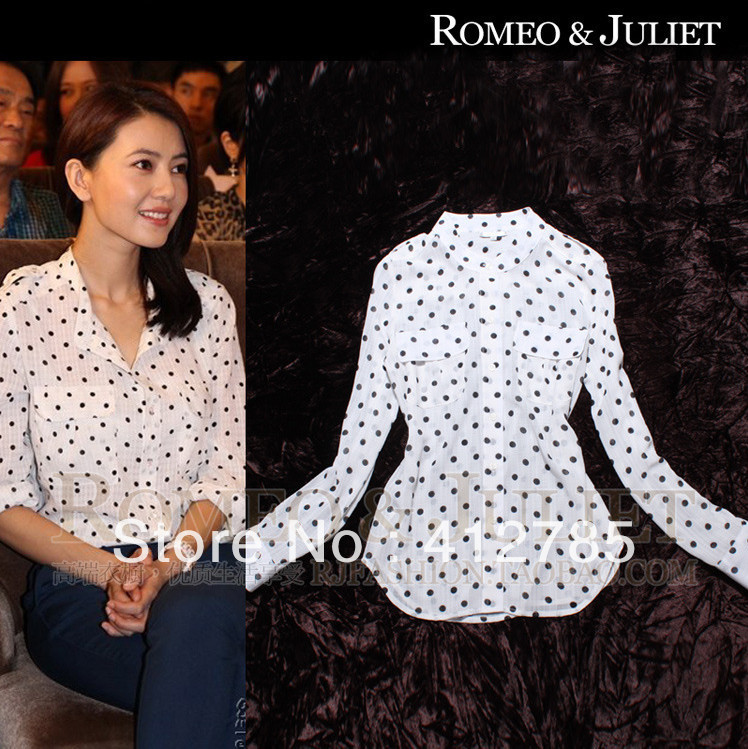 2013 New Fashion Women's Polka Dot Print Epaulet Long Sleeve Chiffon Blouses Shirts Elegant Brand Design Tops With Pocket S051