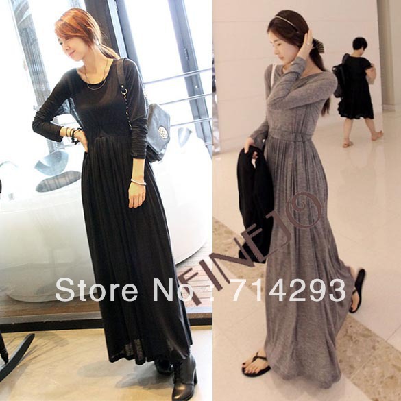 2013 New Fashion Women's Round-Collar Long Sleeve Cotton Long Maxi Dress 2Colors Free shipping 10152