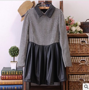 2013 new fashion women's turn-down collar leather patchwork houndstooth pleated dress free shipping