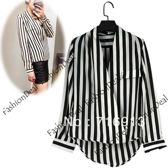 2013 New Fashion Women's V-Neck Black White Stripe Chiffon Blouse Shirt Tops 3 Sizes Free Shipping 11109