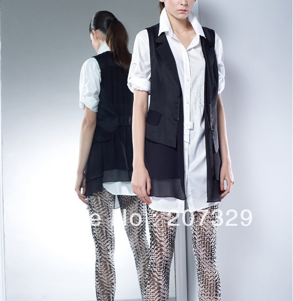 2013 new fashion womens' classic black elegant long waistcoat vest casual slim chiffon patchwork cozy OL style tops outwear