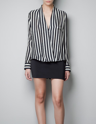 2013 New fashion womens' classic black white striped chiffon blouse sexy deep v neck long sleeve slim elegant shirt S9019