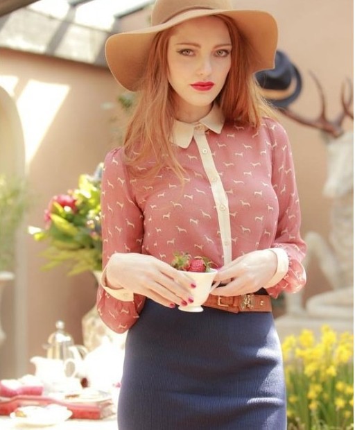 2013 new fashion womens' Cute puppy dog print elegant blouse long sleeve patchwork elegant casual t shirt slim brand design tops