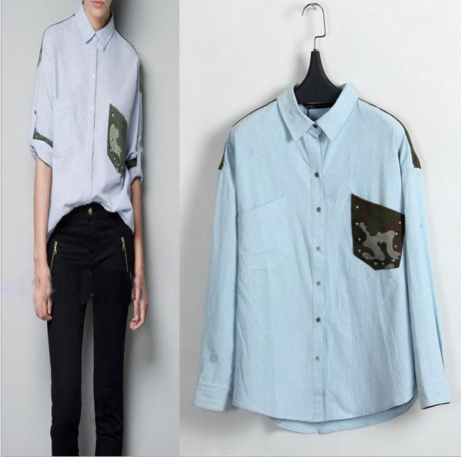 2013 new fashion womens' Denim Camouflage Stud Revit Blouses metal stud pocket elegant casual shirt slim brand designer tops